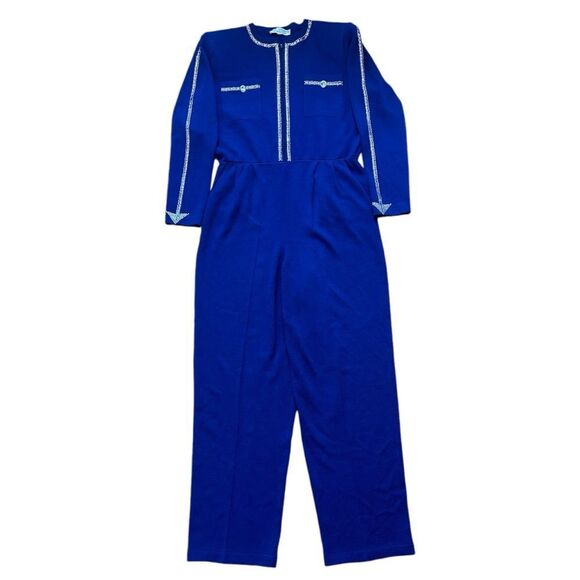 ST. JOHN Size 14 Royal Blue Made In USA Rhinestone Trimmed Knit Jumpsuit Pockets - Picture 3 of 16